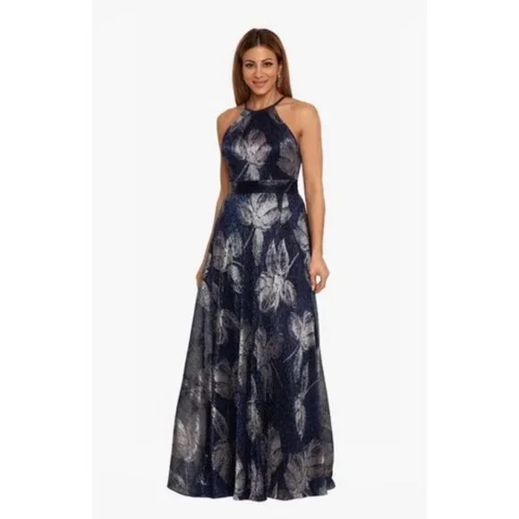 Betsy & Adam Navy Blue Gunmetal Metallic Sleeveless Gown